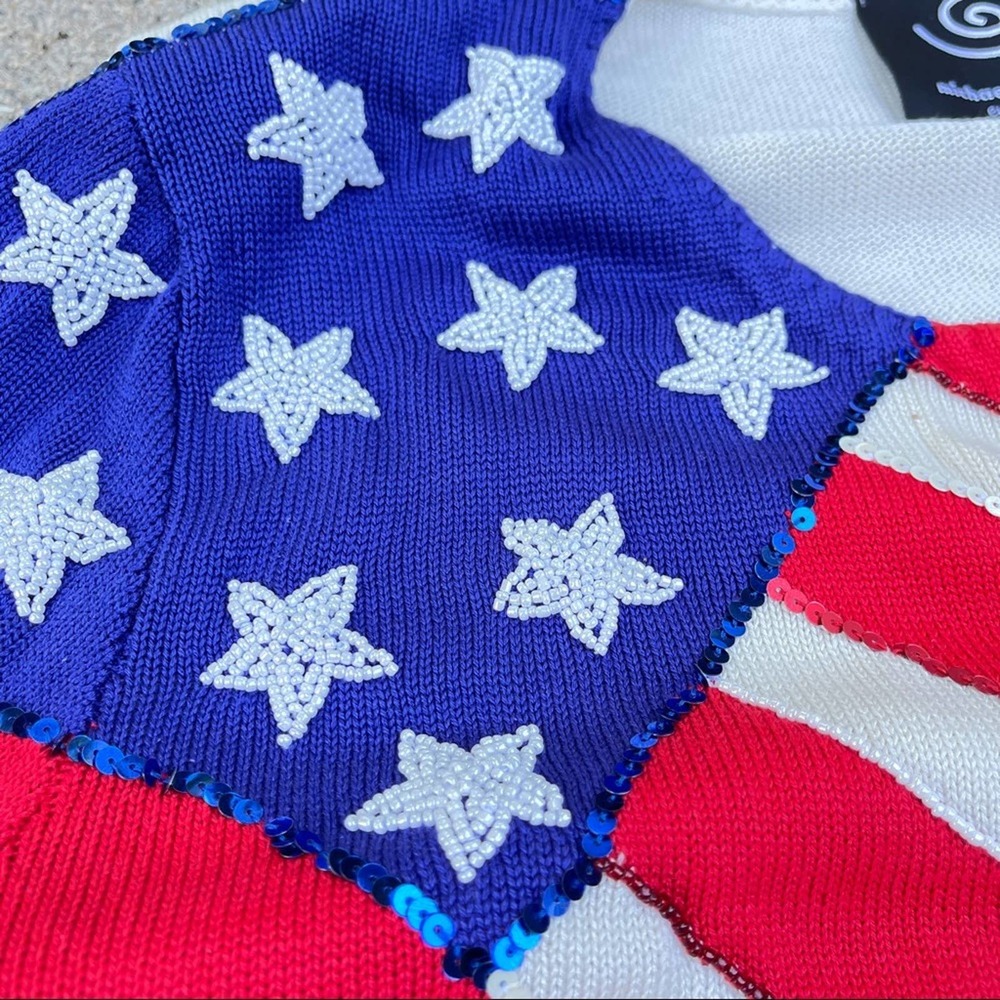 Michael Simon Cardigan American Flag Beaded Sequin Silk Sweater Size Medium VTG - Picture 5 of 8